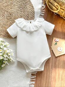 Vintaside Kids Baby Girl Summer Short Sleeve Round Neck Drip Button Simple Casual Bodysuit, Suitable For Daily Leisure, Travel, Camping - White - View 4