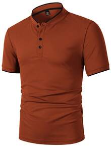 Manfinity Homme 男士鐵鏽棕色夏季休閒辦公 Polo 衫，對比色短袖半拉鍊立領 T 恤，日常休閒老錢風上衣，正式 - 紅色 - 查看 5
