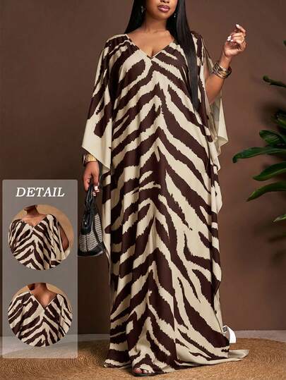 Veslaya Spring/Summer New Arrival Elegant Vacation, Birthday Party, Banquet, Back To School, Collegiate Style, Daily Casual, Cruise Travel, Viral , Streetwear, Commute, Business Casual, Date, Gathering V-Neck 3/4 Sleeve Dress With Slit Sleeves, Plus Size Fit, Bat Wing Sleeve, Black & Beige Zebra Print Plus Size Maxi Dress