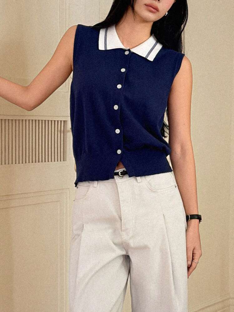 Women's Collared Colorblock Sleeveless Casual Knit Vest Summer