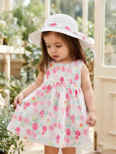 SHEIN Baby Girls' Ditsy Floral Dress + Matching Hat, Cinched Waist Bow Design, Sweet & Cute, Fashionable, Suitable For Daily Outings, Summer