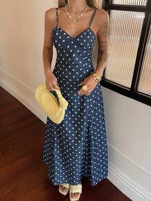 DAZY Women's Polka Dot Strap Dress, Elegant Denim Dress For Summer - Dark Wash - View 3