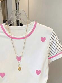 Resyla Women's Casual Daily Commute Heart & Stripe Print Short Sleeve T-Shirt, Summer - White - View 5