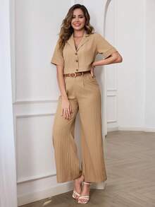 Miaspire 女士夏季休闲/办公纯色衬衫和裤子两件套，度假两件套，外出两件套 - 杏色 - 查看 5