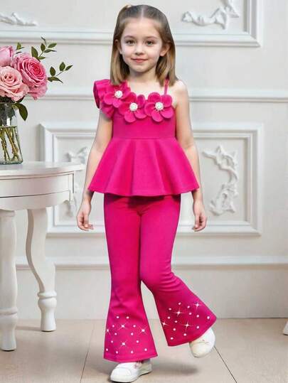 Elladie kids 2pcs/Set Young Girls Festive Red 3D Floral Pearl Decor Camisole Top + Flare Pants, Suitable For Birthday, Vacation, Party, Spring/Summer