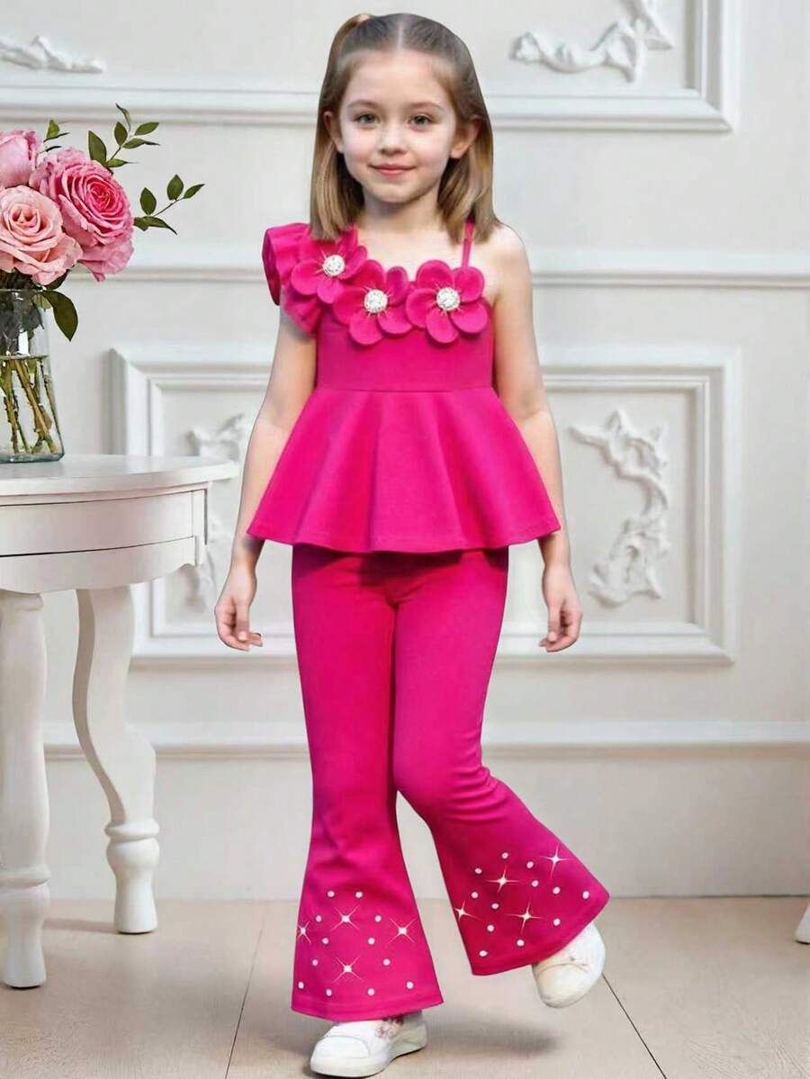 Elladie kids 2件套 女童节日红色3D立体花朵珍珠装饰吊带背心+喇叭裤，适合生日、度假、派对、春夏穿着