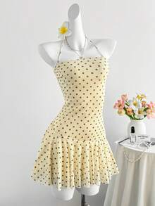 Elamini 女士黄色波点印花针织网眼衬里露背系带修身荷叶边迷你连衣裙，优雅复古浪漫可爱，适合春夏度假、休闲、约会、通勤等场合。 - 黃色 - 查看 7