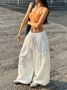 Coolane Holiday Outfits For Women Summer Outfits Minimalist Casual Streetwear Beach Pants White Pants Cotton Bloomer Shorts For Vacation Loose Tapered Leg Pants - White - View 6