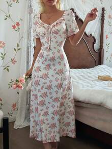 CottageSlumber 浪漫V领荷叶边拼接碎花粉色短袖长款睡裙 - 彩色 - 查看 1