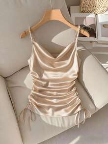 Franclia 纯色缎面垂领珍珠抽绳修身女式吊带背心，夏季假日，情人节，派对上衣，优雅女式上衣，度假，闪亮上衣，优雅女式吊带背心，嘉年华，沙滩装，度假，无袖上衣。 - 杏色 - 查看 1