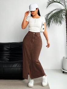EMERY ROSE Women's Pocketed Split Hem Long Casual/Work Denim Midi Skirt Brown Denim Skirt Long Jean Skirt Long Skirt With Slit Women's Skirt Brown Maxi Skirt - Coffee Brown - View 5