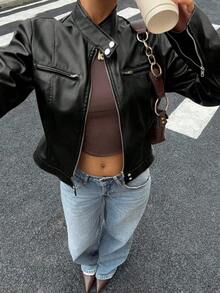 SHEIN EZwear Women's Solid Color PU Leather Zip-Up Casual Fashion Jacket Autumn Winter Clothes For Women - Black - View 1