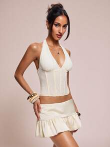 SHEIN BAE 女士时尚性感纯色低腰半身裙，内置短裤 - 芥末黃 - 查看 1