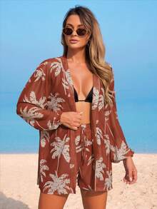 Swim Lushoire Women's Beach Vacation Outfit, Mesh Fabric Coconut Tree Print Long Sleeve Cover Up Top, Printed Drawstring Shorts, Cover-Up Set - Khaki - View 5
