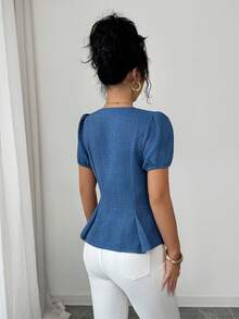 Selianne Áo sơ mi ngắn tay nữ, chất liệu vải dập nổi họa tiết nơ, trang trí viền hoa, kiểu dáng tối giản thời trang, phù hợp cho đi làm hàng ngày vào mùa hè, đi ăn, dự tiệc, đa năng. - Màu xanh lam - Xem 2