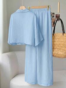 Comfortcana 女士蓝色亚麻衬衫长裤套装，春夏款 - 藍色 - 查看 2