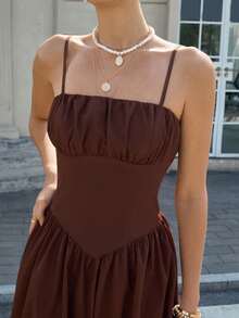 Cévolie Đầm nữ mùa hè kiểu Pháp lãng mạn mới, không dây vai, thắt eo, dài đến đầu gối. - Màu nâu  Mocha - Xem 3