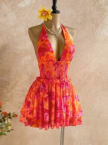 Soleia 女士碎花腰带露背迷你连衣裙，度假风 - 彩色 - 查看 5