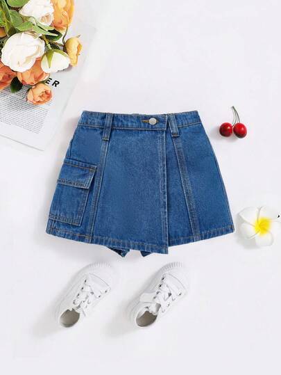 SHEIN Young Girls Multi-Pocket Washed Casual Denim Skort