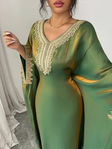 Rafferiza Spring/Summer New Elegant Party Gold Lace Trim Shiny Loose Adjustable Waist Inclusive Fit Women Dress - Green - View 3