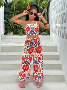 两件套少女碎花吊带背心+宽松长裤套装，适合海滩、度假、夏威夷之旅、亲子装、姐妹合照、公园、露营、派对、日常休闲、假日穿着。 - 珊瑚橙 - 查看 4