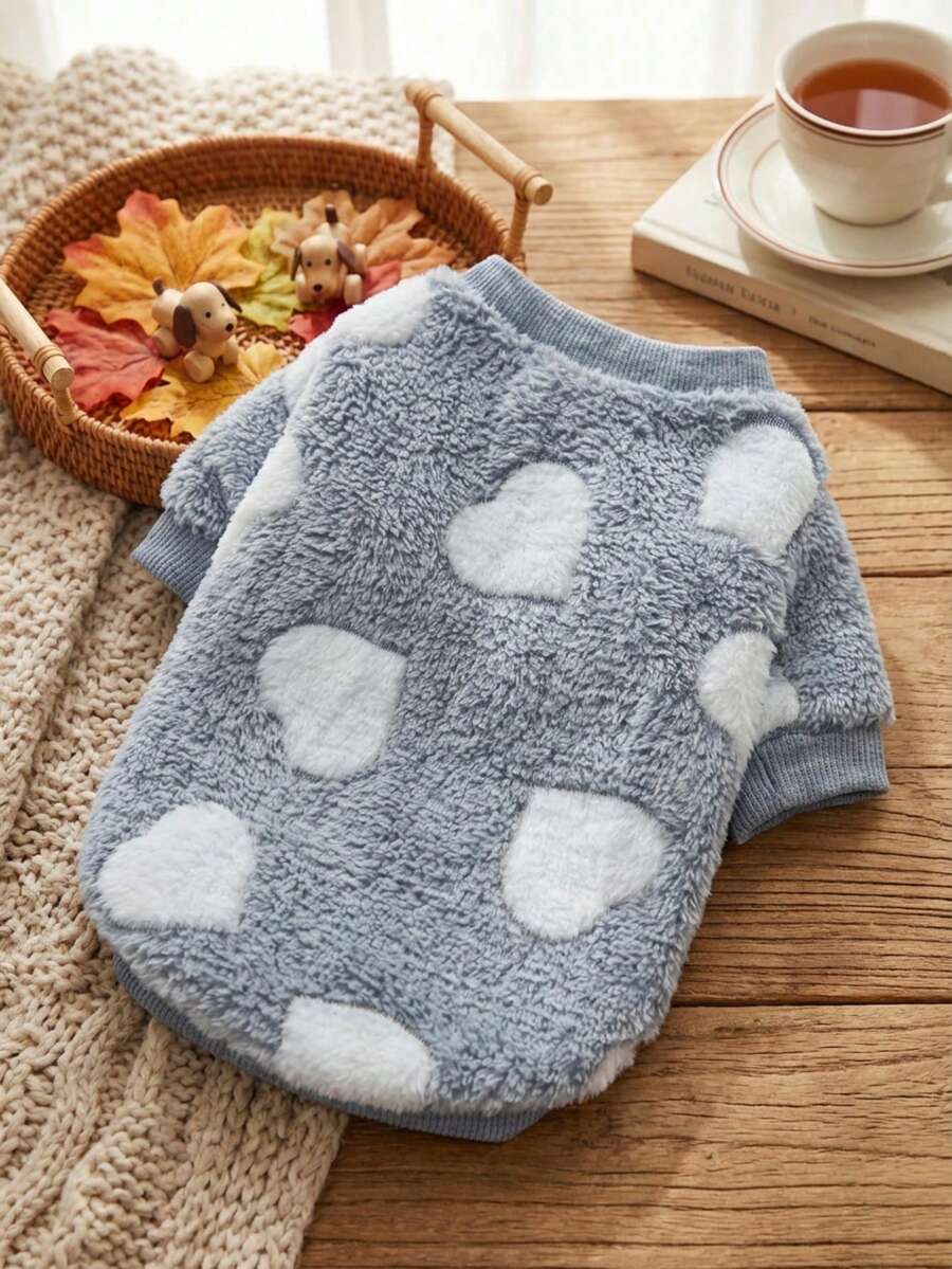 PETSIN 1件装宠物灰色爱心印花加厚保暖圆领毛衣，适合狗狗，秋冬季 - 彩色 - 查看 1