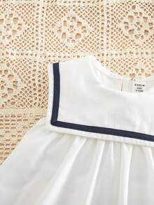 SHEIN 女婴学院风可爱休闲白色水手领条纹连衣裙 - 白色 - 查看 8