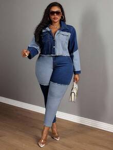 Slaydiva 大码女式牛仔蓝色拼接弹力短外套，牛仔竞技服 - 藍色 - 查看 3