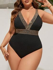 Swim Lushoire Summer Beach Plus Stitch Detail Tape Panel Plunging Neck One Piece Swimsuit - Black - View 3