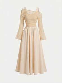 少女优雅修身杏色网纱拼接不对称斜肩喇叭袖褶皱连衣裙，适合女孩参加派对、圣诞节、新年、舞会等场合。 - 杏色 - 查看 3