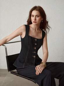 MOTF PREMIUM 前扣式收腰牛仔上衣 - 藍色 - 查看 5