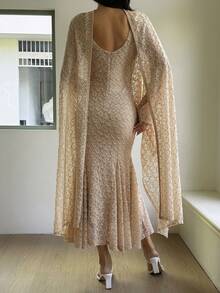 DAZY 女士优雅纯色纹理鱼尾下摆中长连衣裙，秋季婚礼宾客礼服 - 杏色 - 查看 4