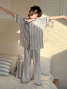 DAZY 男童条纹印花翻领宽松衬衫和裤子睡衣套装，春夏秋季 - 灰色 - 查看 7