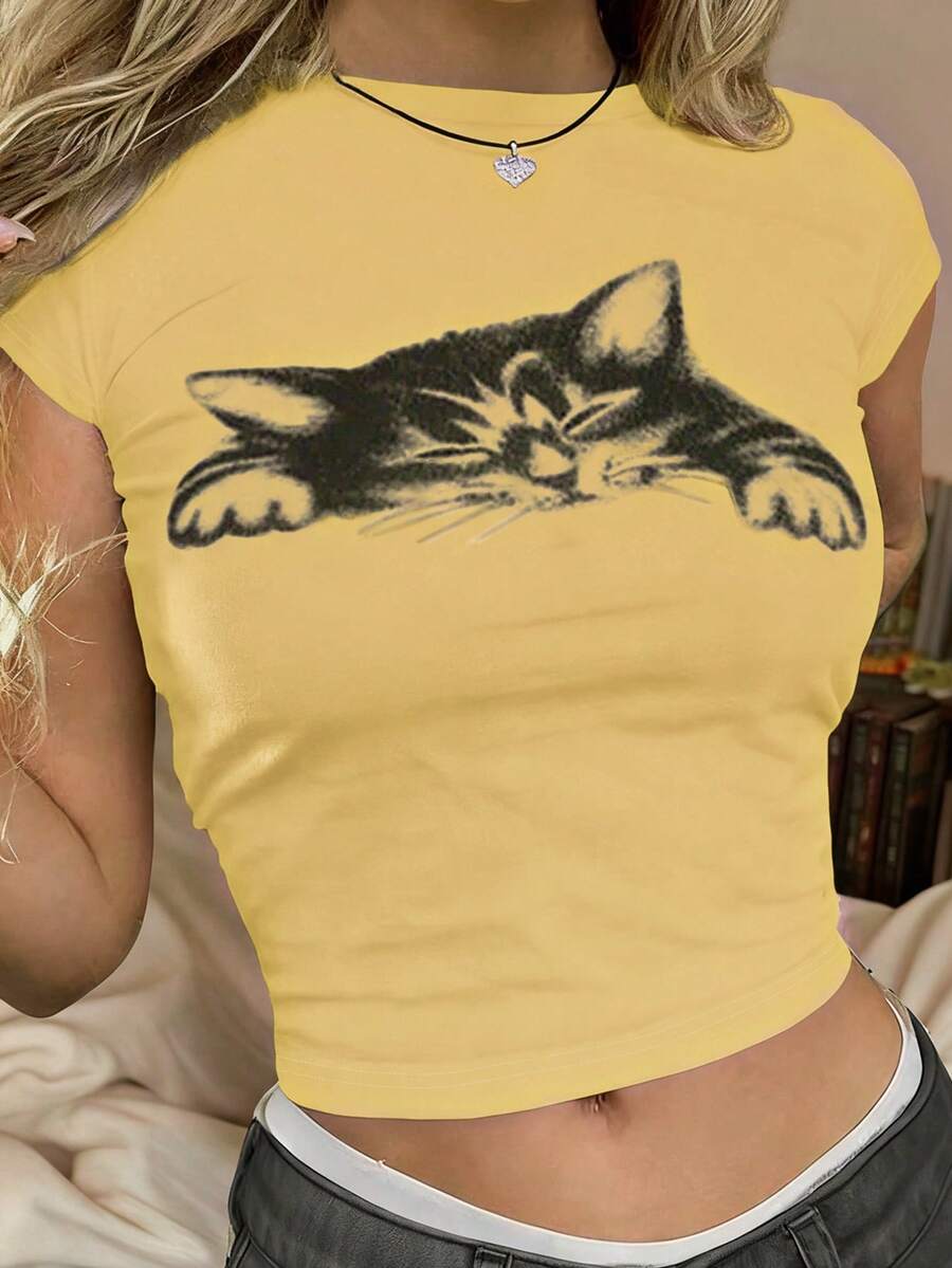 INAWLY 女士猫咪印花圆领短袖露脐休闲T恤，夏季图案T恤女式上衣 - 黃色 - 查看 1