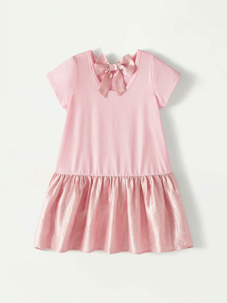 Maija Kids Maija Kids 一件装，女童休闲舒适百搭圆领蝴蝶结装饰拼接短袖连衣裙，适合日常穿着、返校、郊游、聚会、节日、派对、春夏季节。