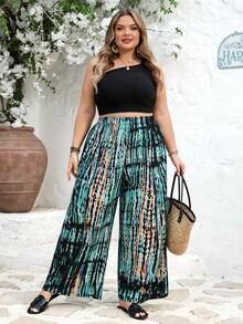 SHEIN CURVE+ Curve 尺码 US22 音乐节、海滨度假、波西米亚风 CURVE PLUS / / 女士条纹弹力腰阔腿宽松休闲裤 夏季/乡村/海滩度假装/海滩装/沙滩服饰 - 彩色 - 查看 7