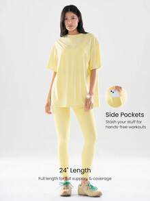 GLOWMODE 2pcs Pima Cotton Hip Length Tee & 24'' FeatherFit™ Leggings Set With Side Pockets Low Impact Yoga Daily - French Vanilla - View 4