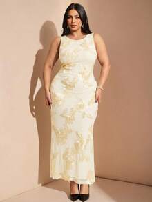 SHEIN BAE Plus Size Women's Elegant Embroidered Sleeveless Backless Dress, Summer - Apricot - View 6