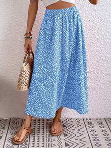 Breezaya 女士碎花弹力腰纽扣设计休闲中长裙 - 藍白色 - 查看 3