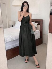 DAZY Women's Summer Spaghetti Strap Waist Cinched Maxi Vacation Dress Sundress - Black - View 5