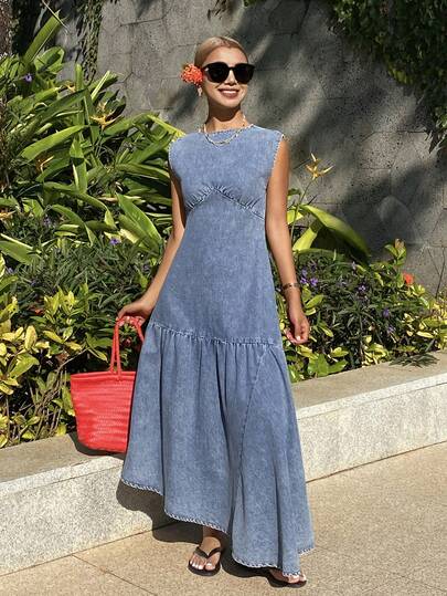 DAZY Women's Summer Round Neck Sleeveless Asymmetric Hem Vacation Washed Denim Dress