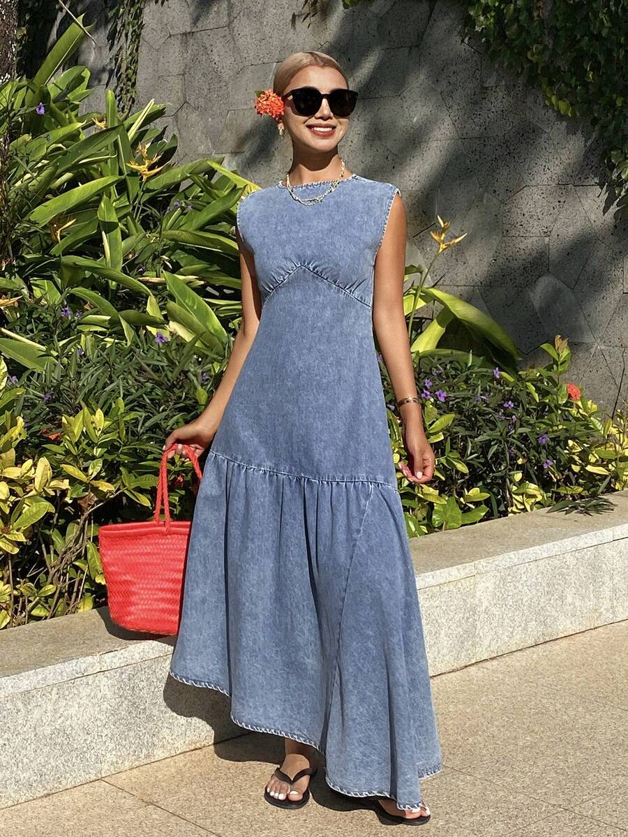 DAZY Women's Summer Round Neck Sleeveless Asymmetric Hem Vacation Washed Denim Dress - Medium Wash - View 1