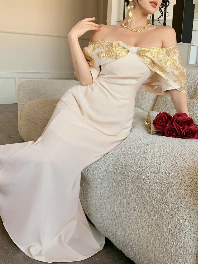 Women's Fabric Patchwork One-Shoulder Cinched Waist Fishtail Dress, Elegant Casual Dress Sundress Off The Shoulder Cocktail Dress