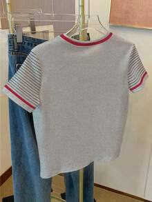 Resyla 女士撞色条纹字母印花休闲短袖T恤 - 灰色 - 查看 2