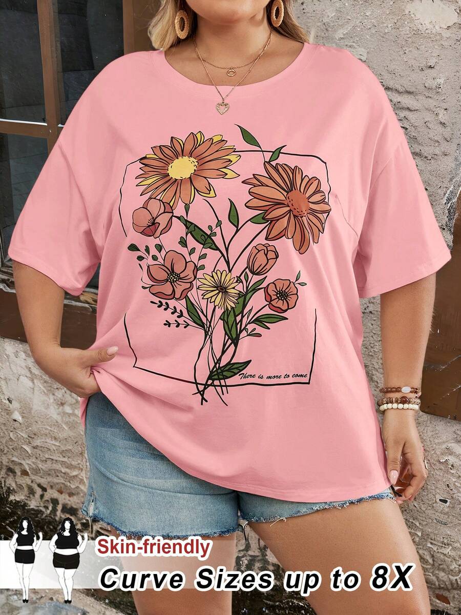 SHEIN CURVE+ 大码女式度假圆领短袖宽松T恤，杏色度假图案波西米亚风度假T恤 - 粉色 - 查看 1