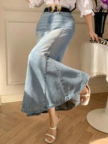 DAZY Washed Denim Fish Tail High Waist Slimming Long Skirt For Women, Summer - Light Wash - View 6