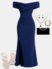 SHEIN Girlism Teen Girls' Off-Shoulder Ruched Elegant Criss-Cross, Slit Hem Fishtail Dress, Party Wear - Navy Blue - View 1