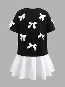 SHEIN 少女休闲黑白撞色超大蝴蝶结装饰宽松短袖中长连衣裙 - 黑與白 - 查看 3