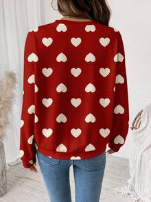 SHEIN LUNE Casual Retro Elegant Commute Versatile Warm Valentine's Day Couple Outfit Red & White Small Heart Print Pattern, Comfortable Loose Fit Crew Neck Long Sleeve Sweatshirt For Women, Suitable For Autumn/Winter - Multicolor - View 2
