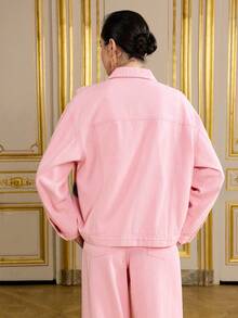 LOTSLUV Women's Pink Washed Distressed Denim Jacket With Cute Cartoon Patches - Pink - View 2